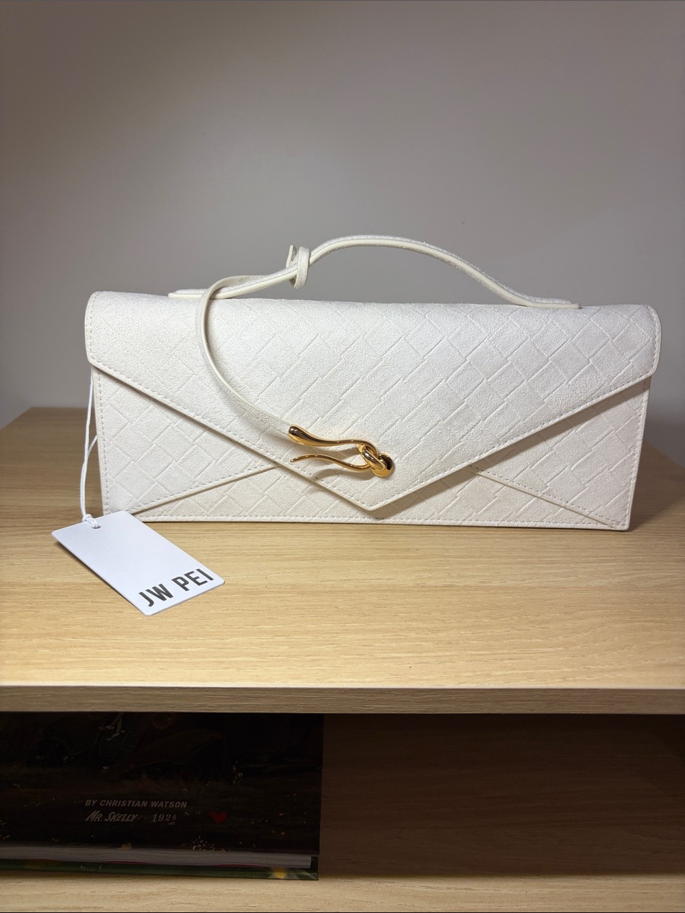 JW PEI Ivory Textured Envelope Clutch with Gold Twist Accent